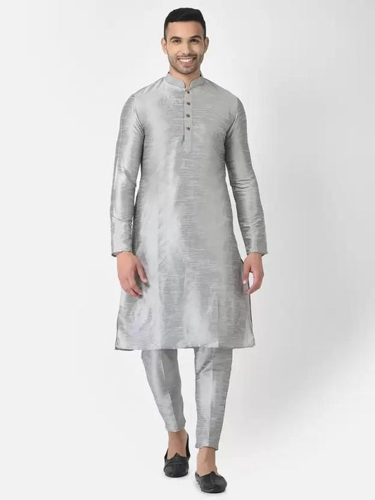AHBABI Men's Solid Dupion Silk Kurta Pyjama Set Silver