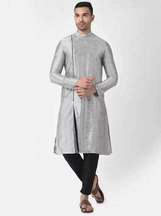 AHBABI Men's Solid Slit Style Dupion Silk Kurta Pyjama Set Silver-Black